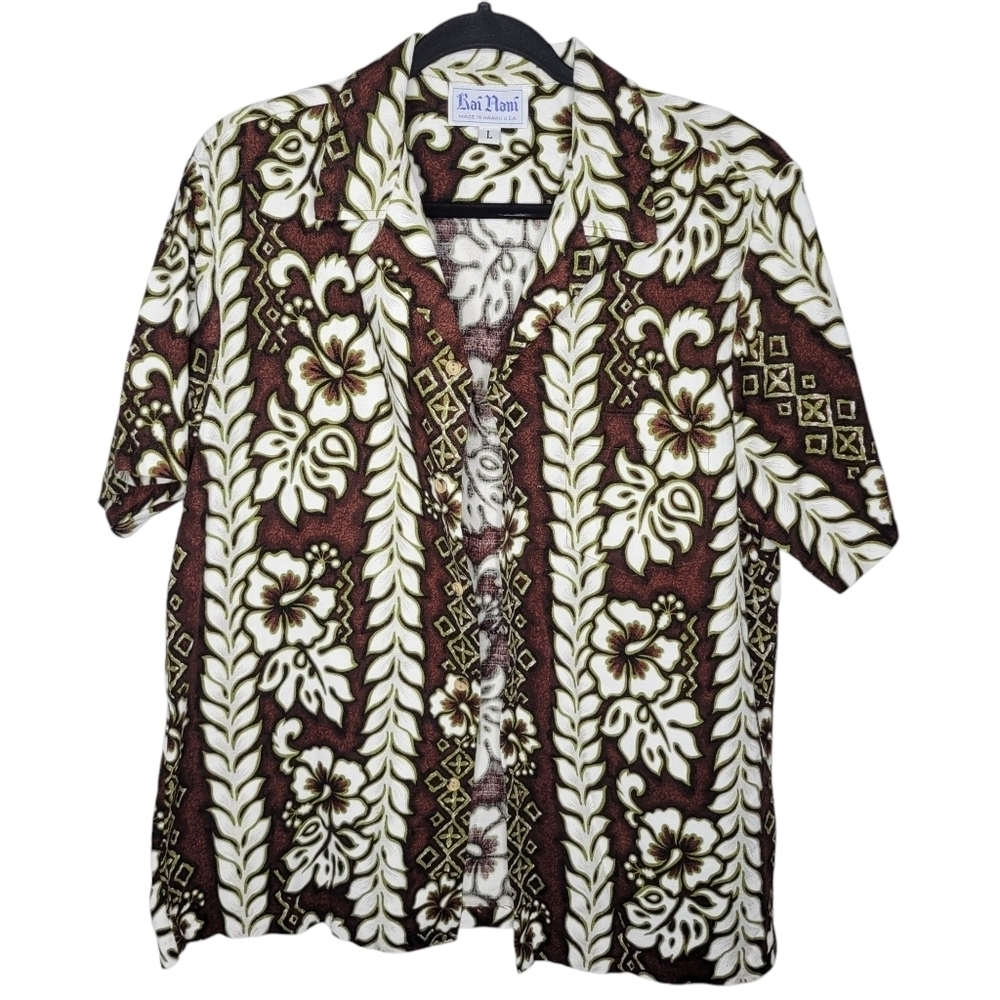 Vintage 70’s Kai Nani Reverse Hawaiian Shirt Mens Hibiscus Made in Hawaii USA